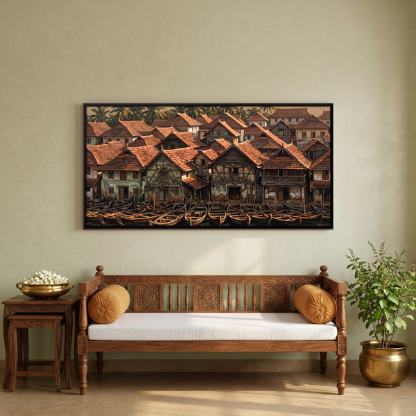 Kerala Backwater Village with Boats, canvas in a room