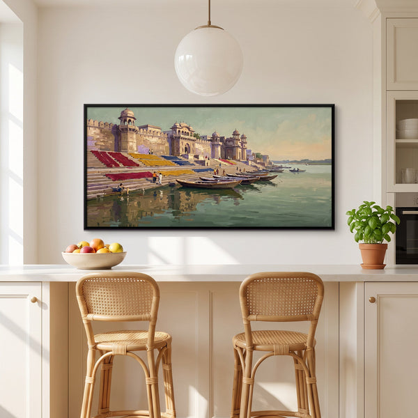 Riverfront Ghats at Maheshwar, canvas in a room