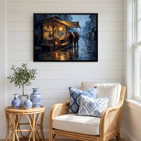 Chai Stall at Night, canvas in a room