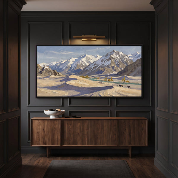 Camel Caravan in the Cold Desert, canvas in a room