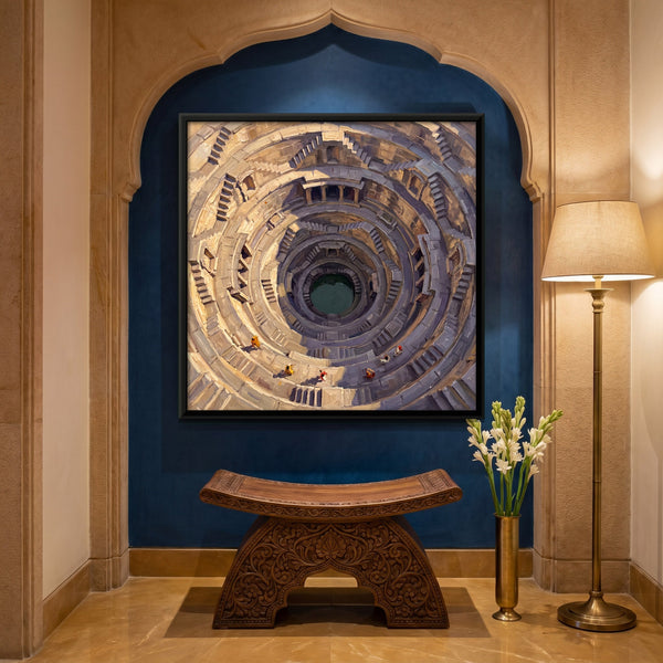 Deep Circular Stepwell with Criss-crossing Stairs, canvas in a room