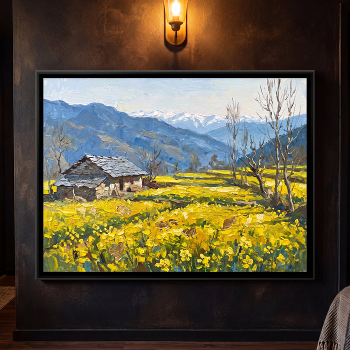 Mustard Fields below the Hills, framed canvas print on a wall