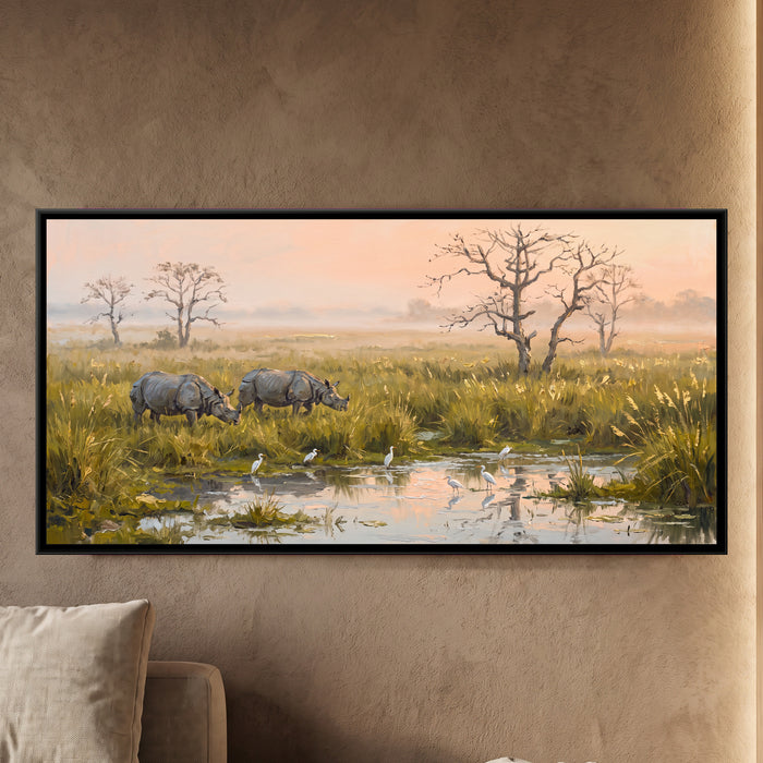 Rhinos in the Kaziranga Grass, framed canvas print on a wall
