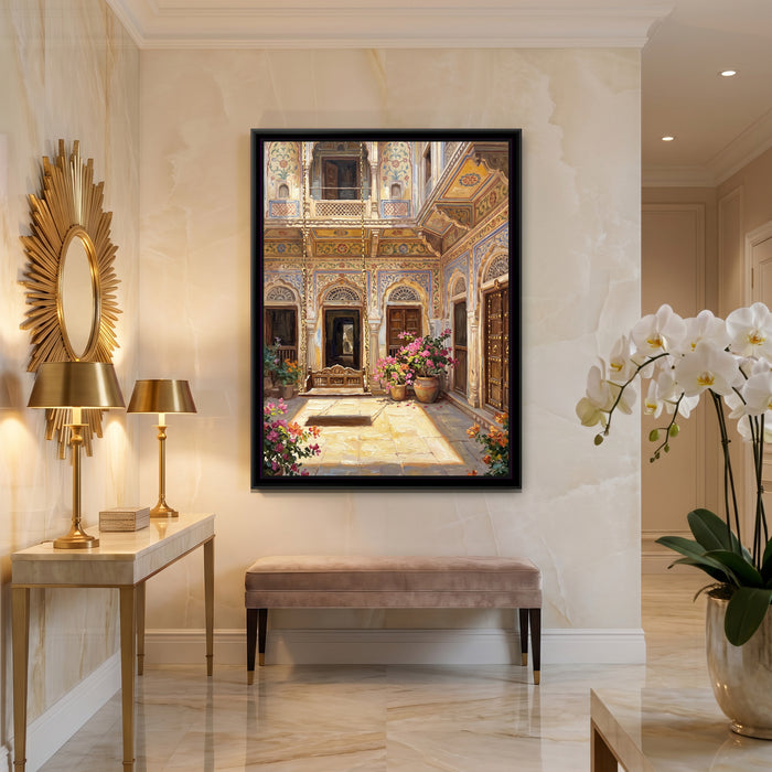Noon in a Rendered Shekhawati Courtyard, canvas print shown in a second room