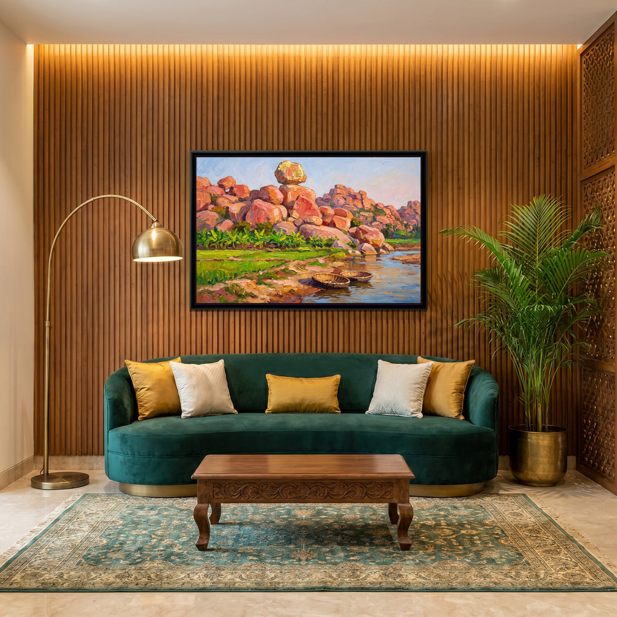 Boulders and Banana Groves at Sunset, canvas on a living-room wall