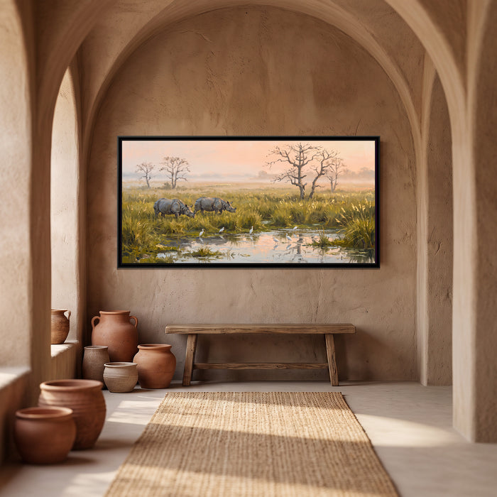 Rhinos in the Kaziranga Grass, canvas in a room