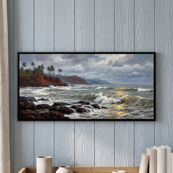 Monsoon Surf on the Rocks at Vagator, canvas in a room