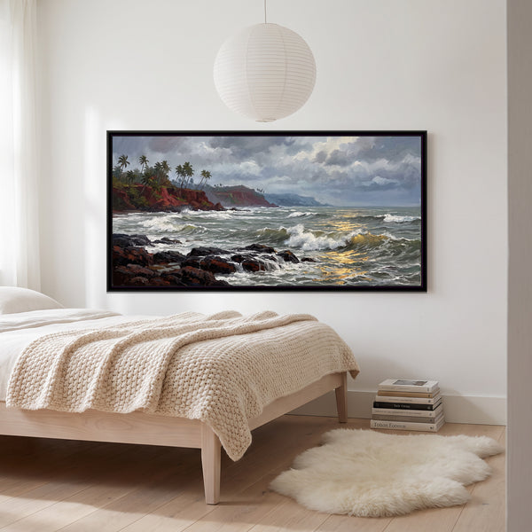 Monsoon Surf on the Rocks at Vagator, canvas in a room