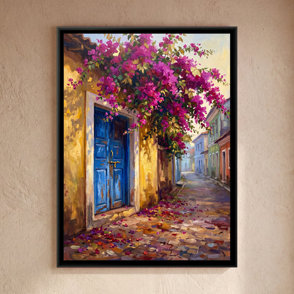 Blue Door and Bougainvillea in Fontainhas, canvas in a room