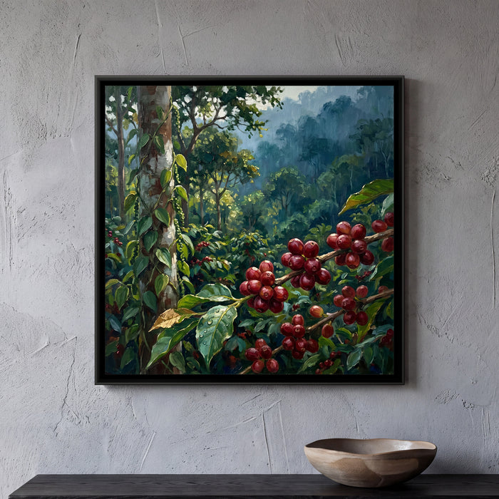 Coffee Cherries and Pepper Vines, framed canvas print on a wall