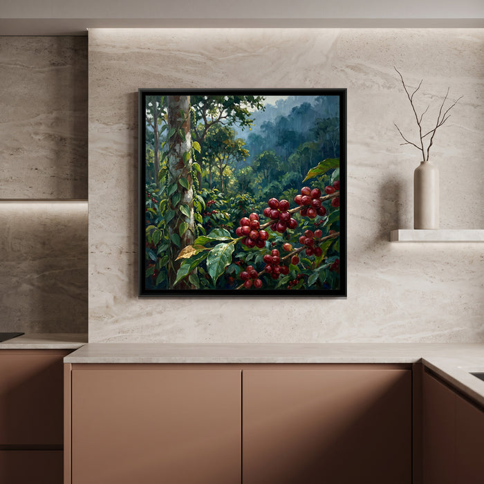Coffee Cherries and Pepper Vines, canvas print shown in a second room