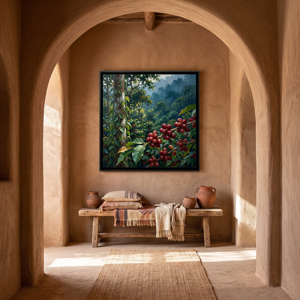 Coffee Cherries and Pepper Vines, canvas in a room