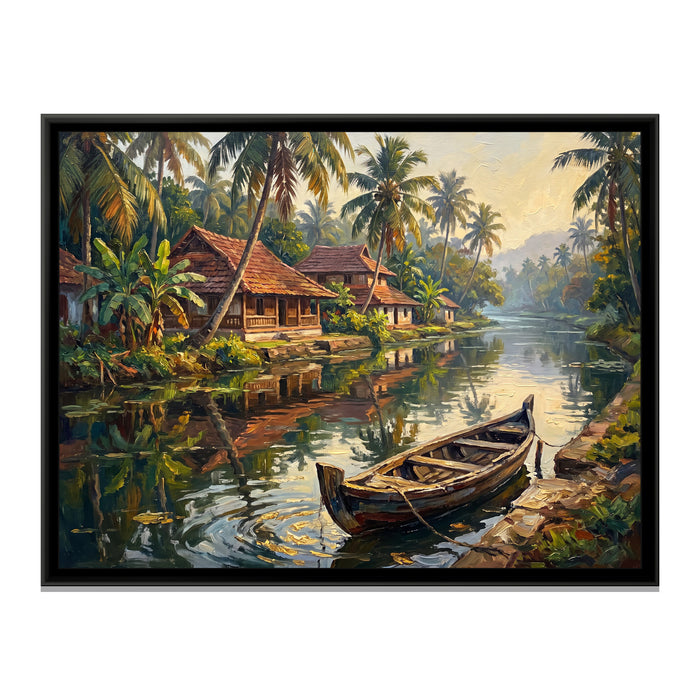 Canal Village in the Backwaters, canvas print in a floater frame on a plain white background