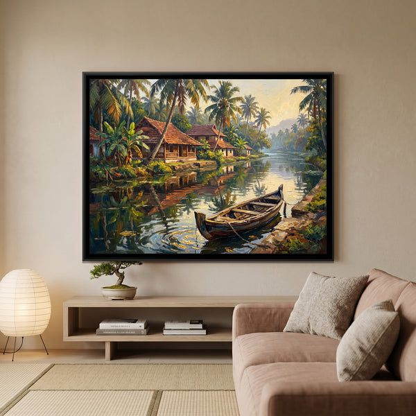 Canal Village in the Backwaters, canvas in a room