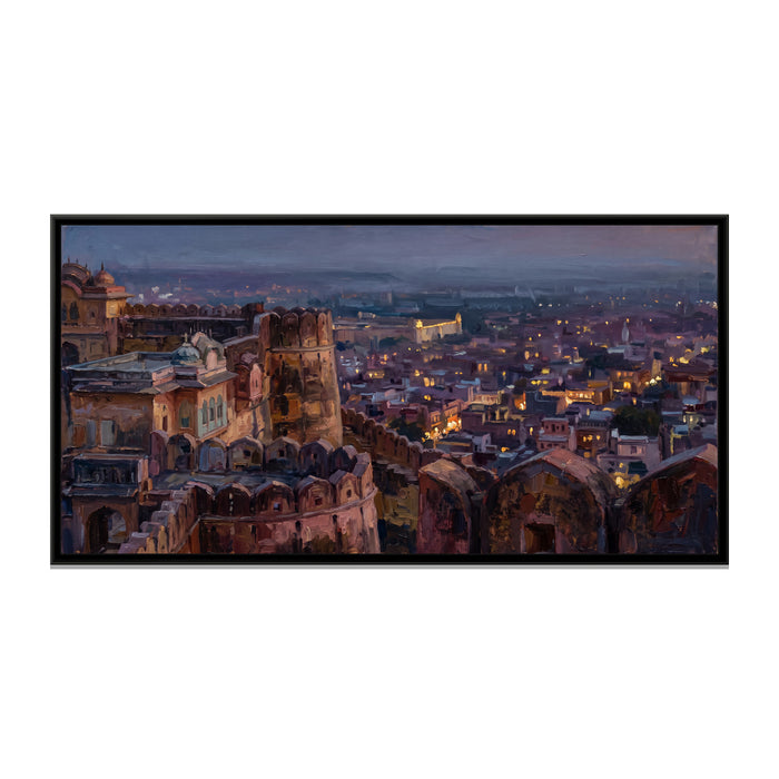 Pink City from Nahargarh at Dusk, canvas print in a floater frame on a plain white background