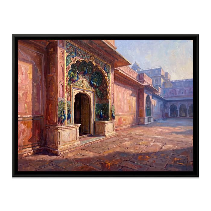Peacock Gate at the City Palace, canvas print in a floater frame on a plain white background