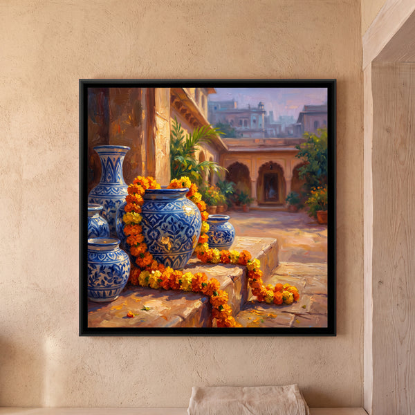 Blue Pottery and Marigolds on a Step, canvas in a room
