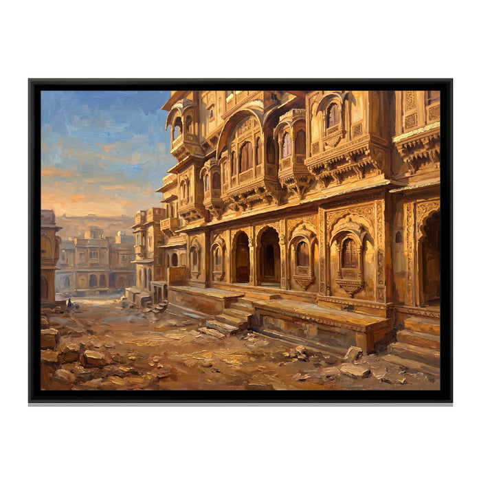 Haveli Facade in Golden Light, canvas print in a floater frame on a plain white background