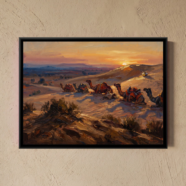 Camel Caravan Resting at Dusk, canvas in a room
