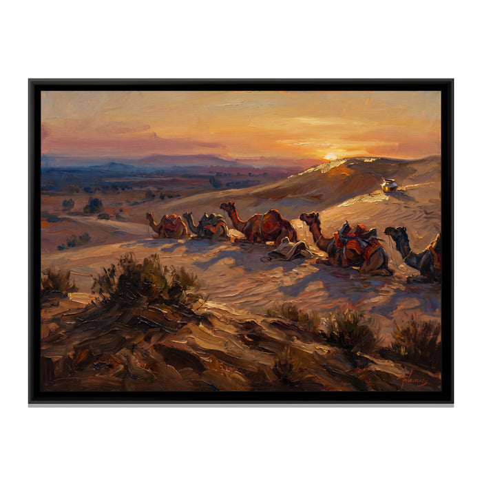Camel Caravan Resting at Dusk, canvas print in a floater frame on a plain white background