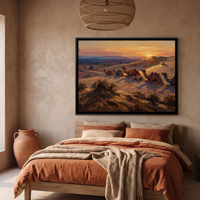 Camel Caravan Resting at Dusk, canvas print shown in a second room