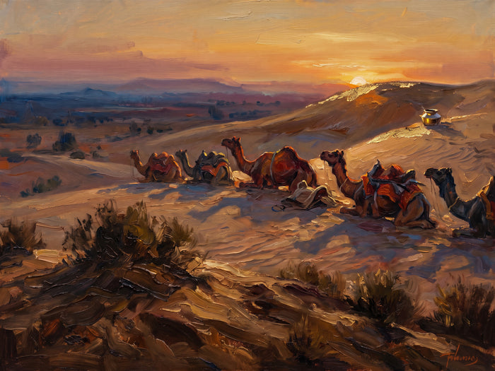 Camel Caravan Resting at Dusk, the full artwork