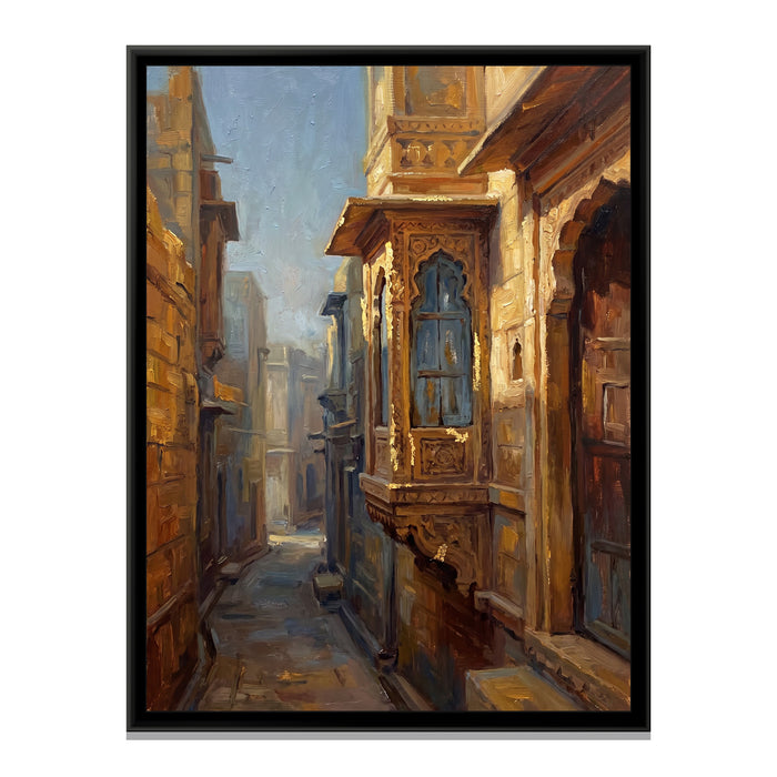 Carved Window in the Fort Lanes, canvas print in a floater frame on a plain white background