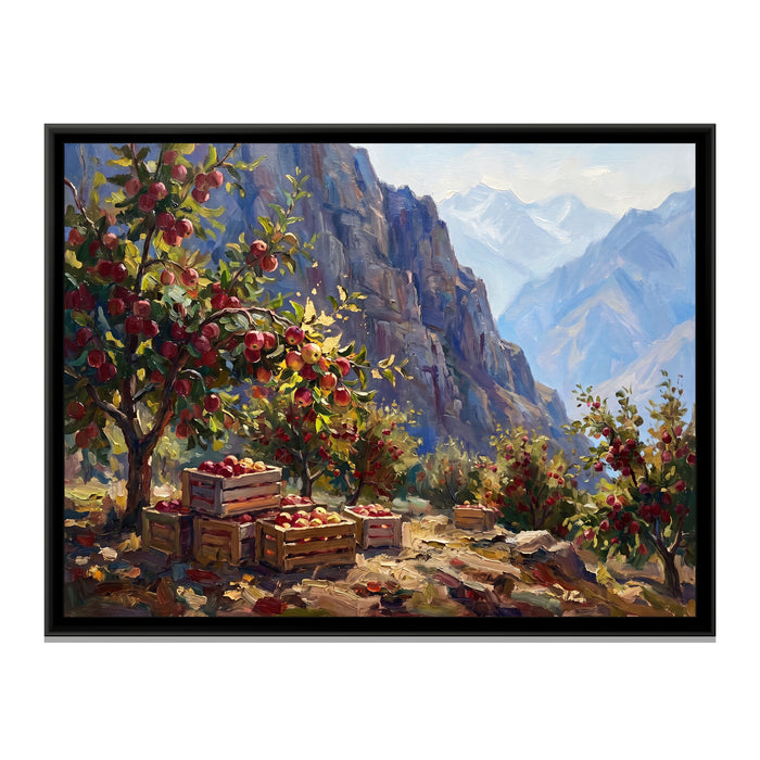 Apple Harvest in a Kinnaur Orchard, canvas print in a floater frame on a plain white background