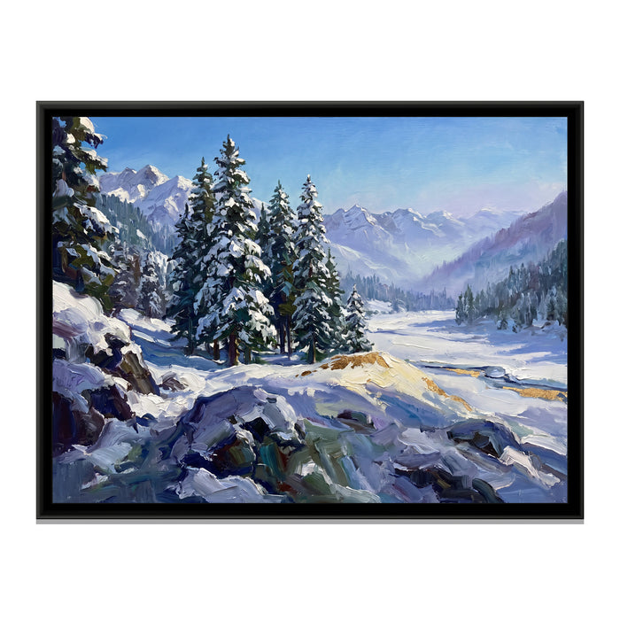 Solang Valley under Fresh Snow, canvas print in a floater frame on a plain white background