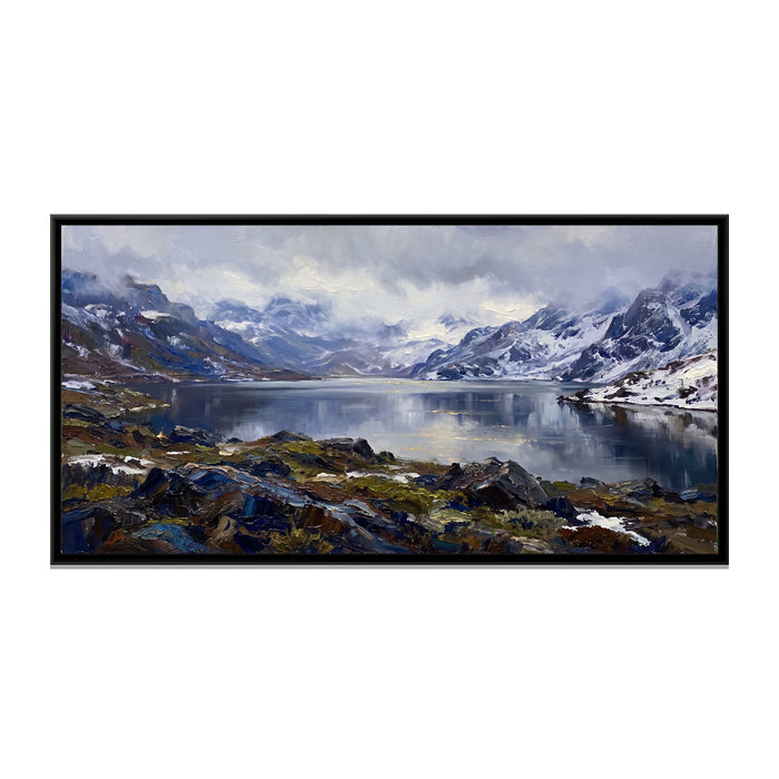 Tsomgo Lake among Snow Ridges, canvas print in a floater frame on a plain white background