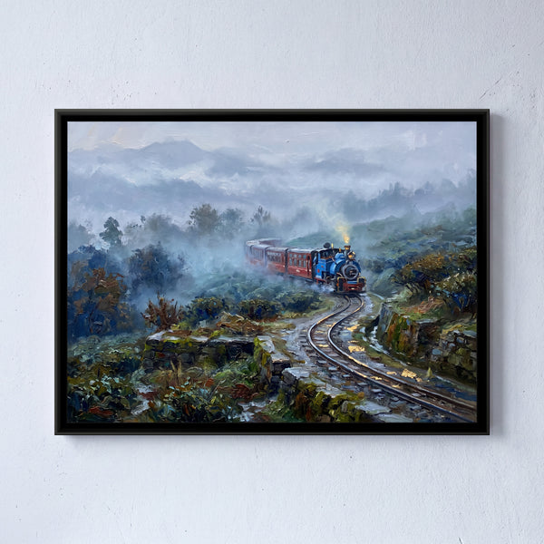 Toy Train Loop in Monsoon Mist, canvas in a room