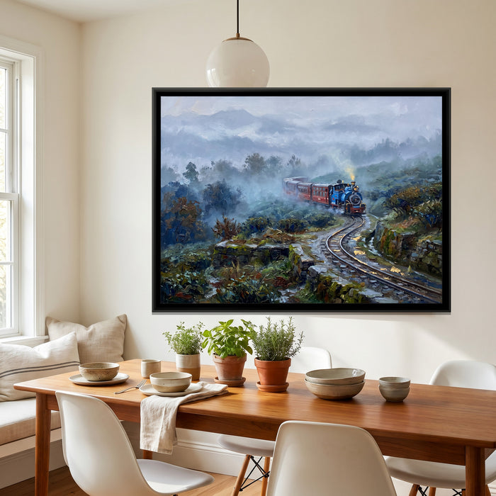 Toy Train Loop in Monsoon Mist, canvas print shown in a second room