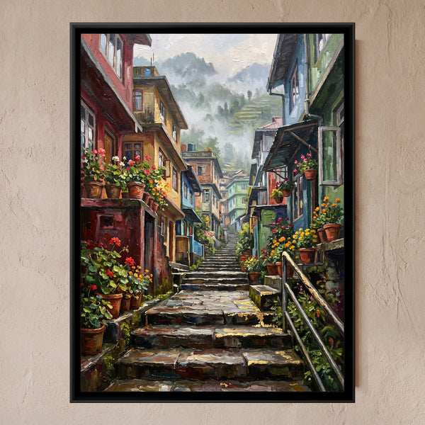 Hillside Stairs in Darjeeling, canvas in a room