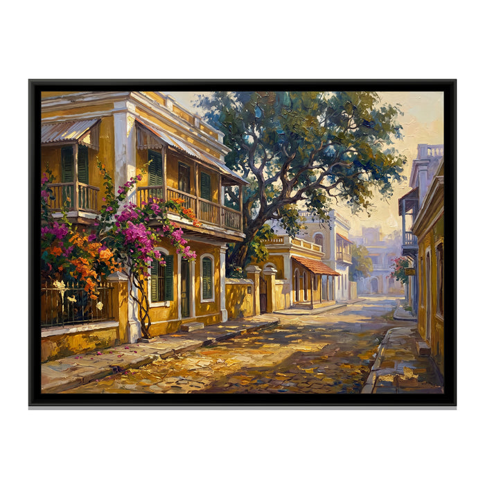 French Quarter Street in Yellow, canvas print in a floater frame on a plain white background