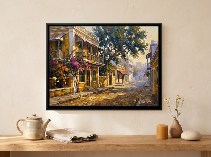 French Quarter Street in Yellow, canvas print shown in a room