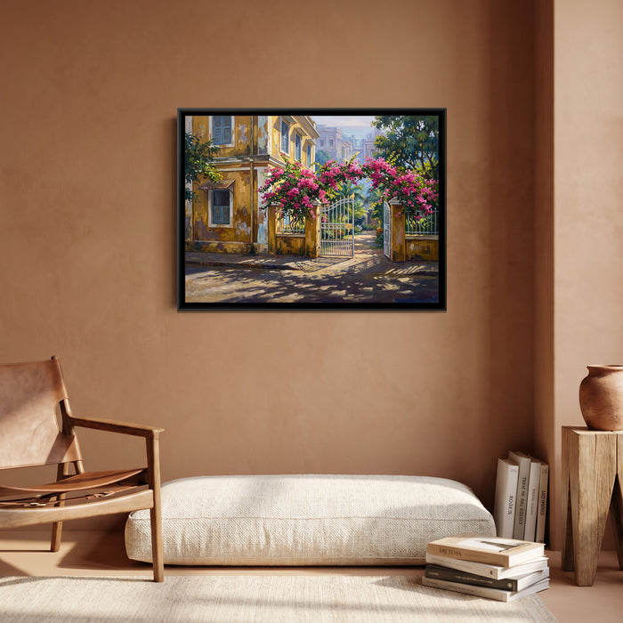 Mustard Villa and Bougainvillea Gate, canvas print shown in a second room