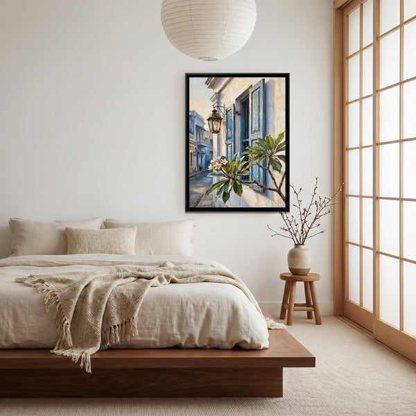Blue Shutters and a Lantern, canvas in a room