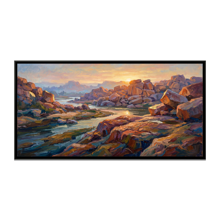 Tungabhadra and the Boulder Hills at Sunrise, canvas print in a floater frame on a plain white background