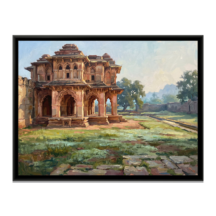 Lotus Mahal Pavilion in Morning Light, canvas print in a floater frame on a plain white background
