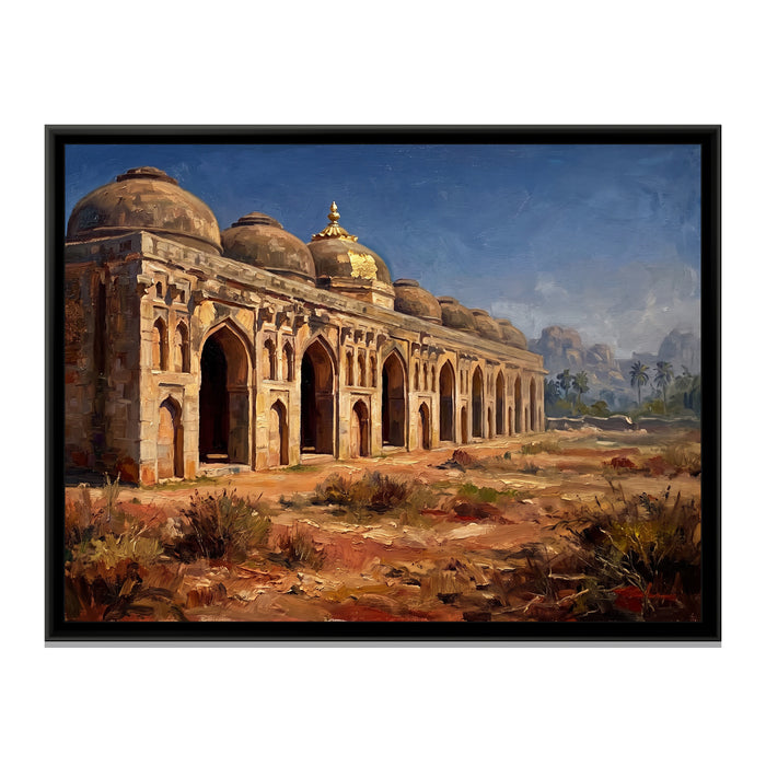 Elephant Stables at Noon, canvas print in a floater frame on a plain white background