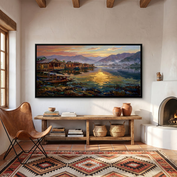 Dal Lake at Dawn with Houseboats, canvas in a room