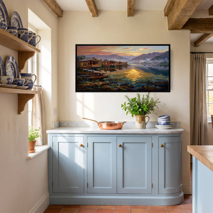 Dal Lake at Dawn with Houseboats, canvas print shown in a second room