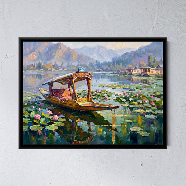 Empty Shikara among the Lotus, canvas in a room