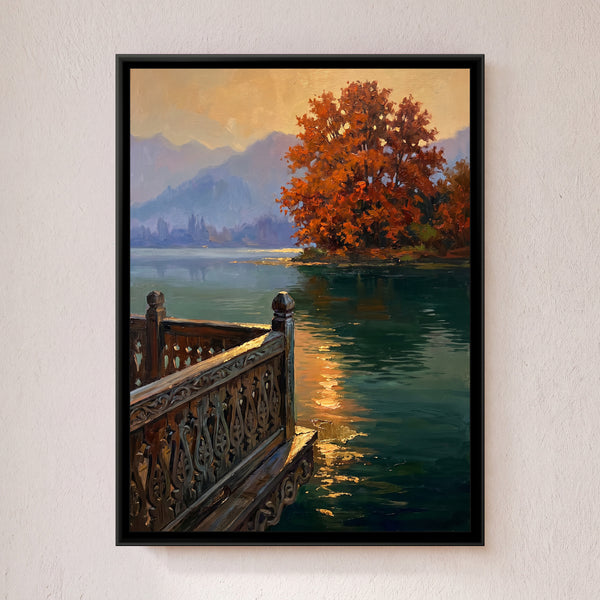 Carved Houseboat Balcony on Nigeen Lake, canvas in a room