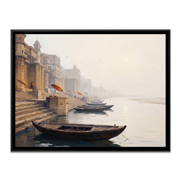 The Ghats in January Fog, canvas print in a floater frame on a plain white background