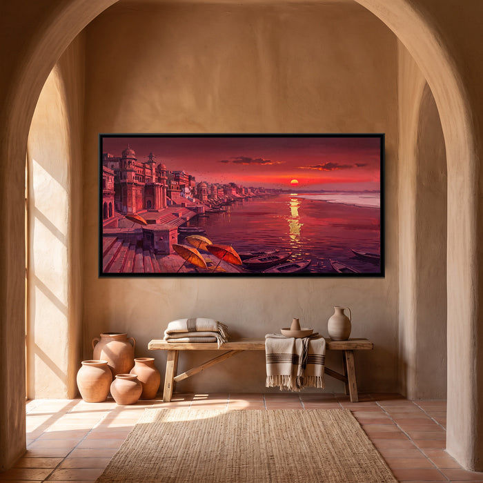 Crimson Dawn along the Varanasi Ghats, canvas print shown in a second room
