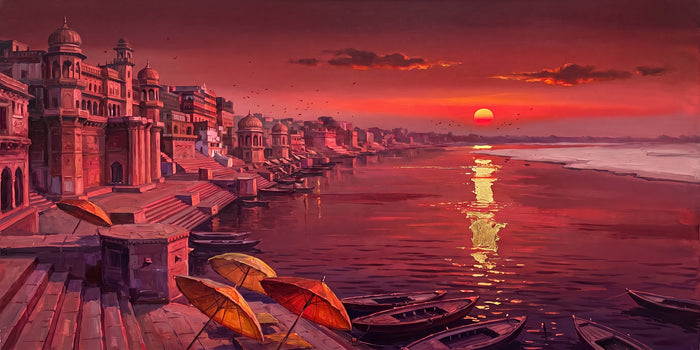 Crimson Dawn along the Varanasi Ghats, the full artwork