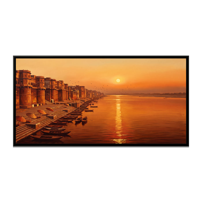 Saffron Sunrise above the Ganga, canvas print in a floater frame on a plain white background