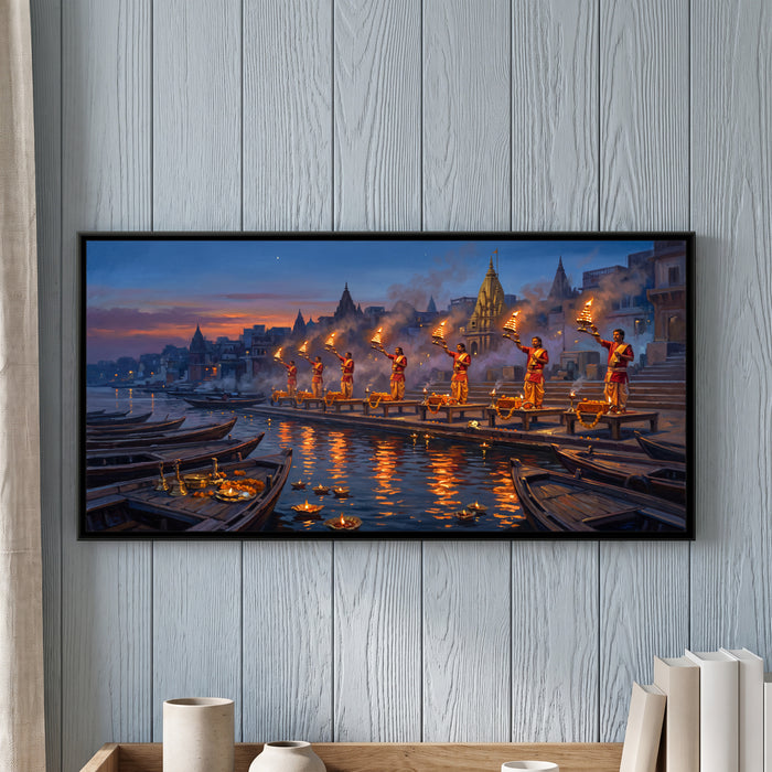 Evening Aarti at Dashashwamedh Ghat, framed canvas print on a wall