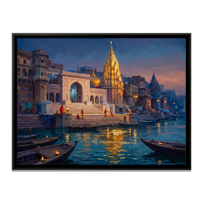 Kashi Vishwanath from the River at Blue Hour, canvas print in a floater frame on a plain white background